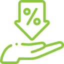 hand with discount icon conveying savings of up to 50 percent by using Meal Village compared to other prepared meal delivery services